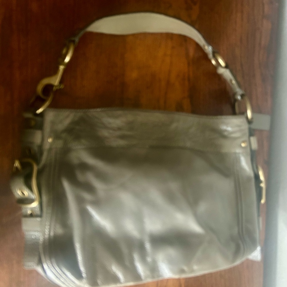 COACH Patent Leather Hobo Shoulder Bag Gray Gold Hardware